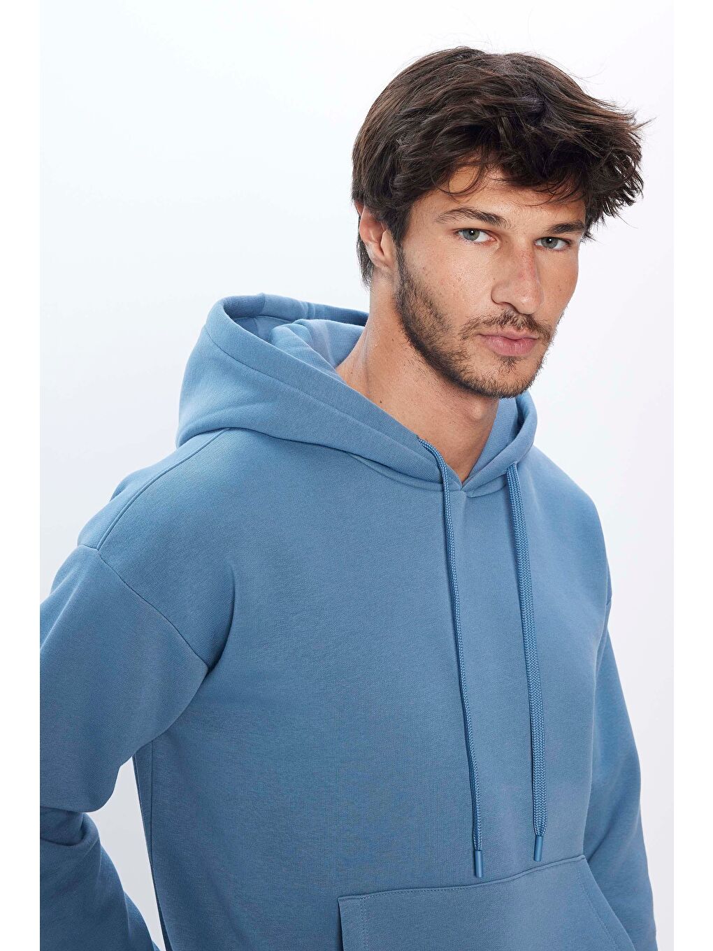 TUDORS İndigo Unisex Oversize Geniş Kesim Pamuklu Yumuşak Dokulu İçi Polarlı Basic İndigo Kapüşonlu Sweatshirt - 2