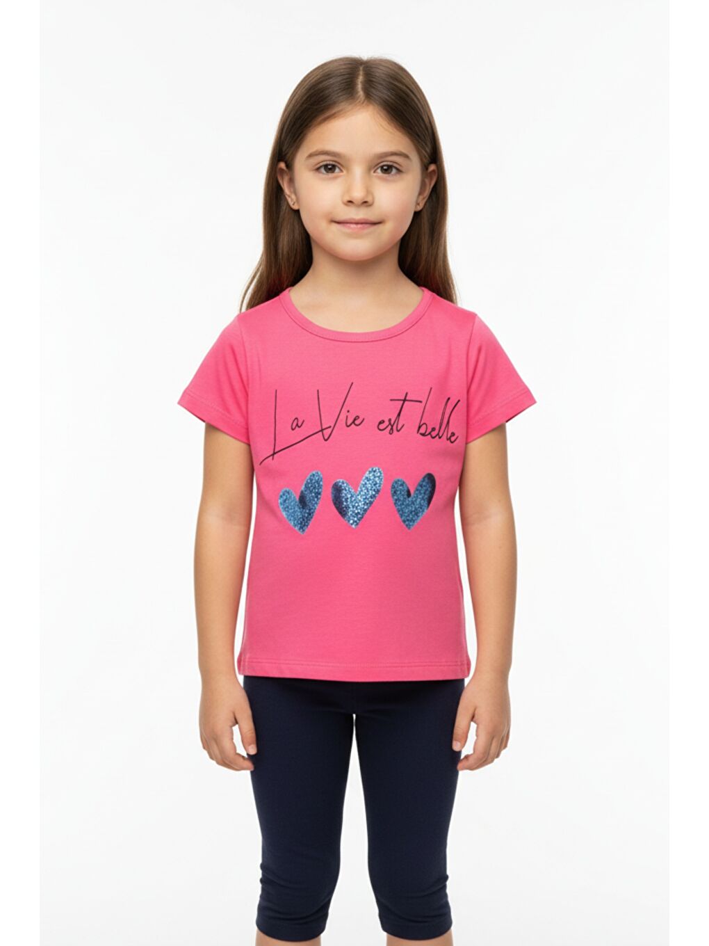 Fuşya Kız Çocuk Kalp Desenli Yazı Baskılı Taş İşlemeli Tişört