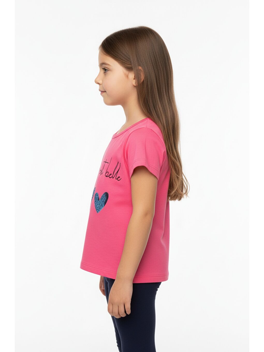 Fuşya Kız Çocuk Kalp Desenli Yazı Baskılı Taş İşlemeli Tişört-1