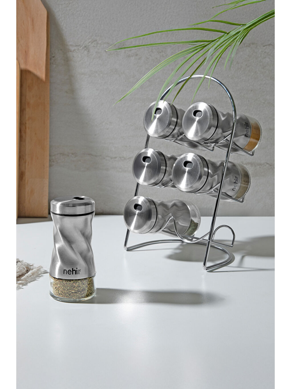 Gri Burgulu Standlı 6 Parça Paslanmaz Çelik Baharatlık Seti