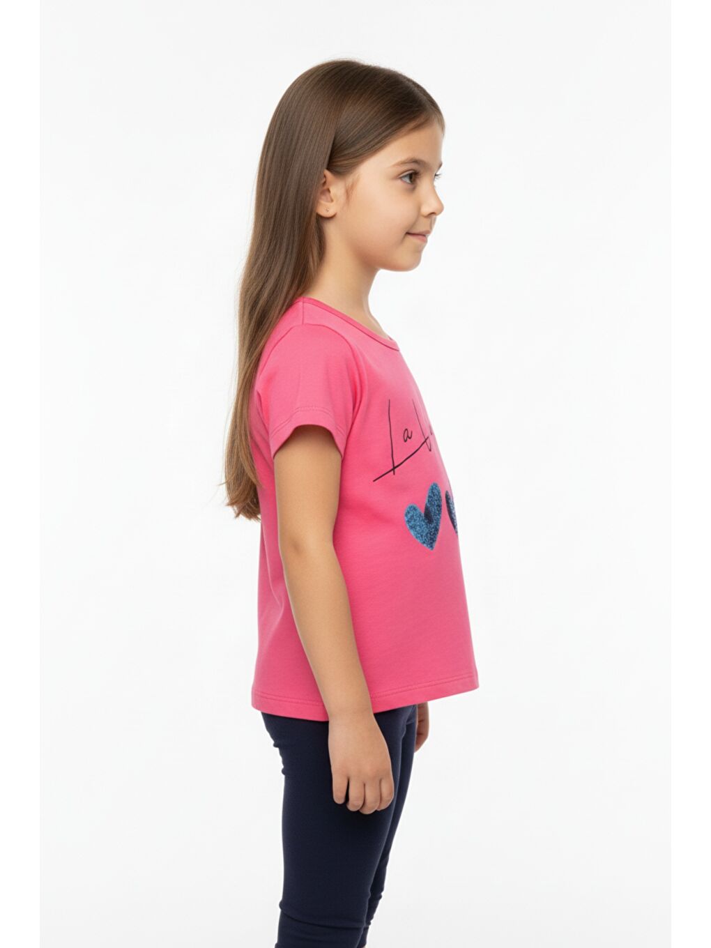 Fuşya Kız Çocuk Kalp Desenli Yazı Baskılı Taş İşlemeli Tişört-2
