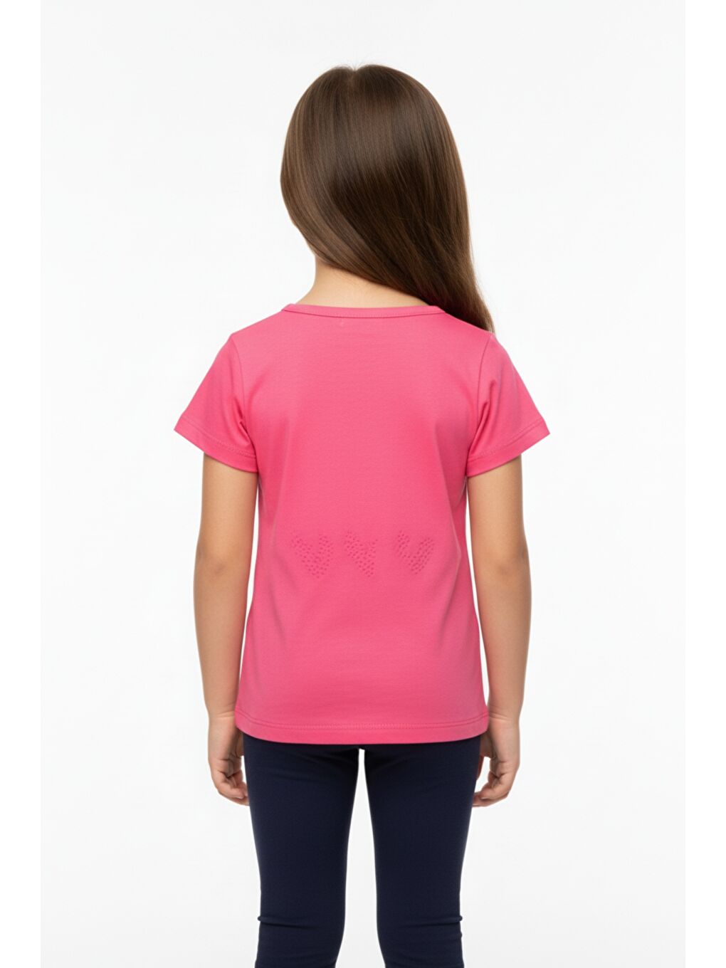 Fuşya Kız Çocuk Kalp Desenli Yazı Baskılı Taş İşlemeli Tişört-3