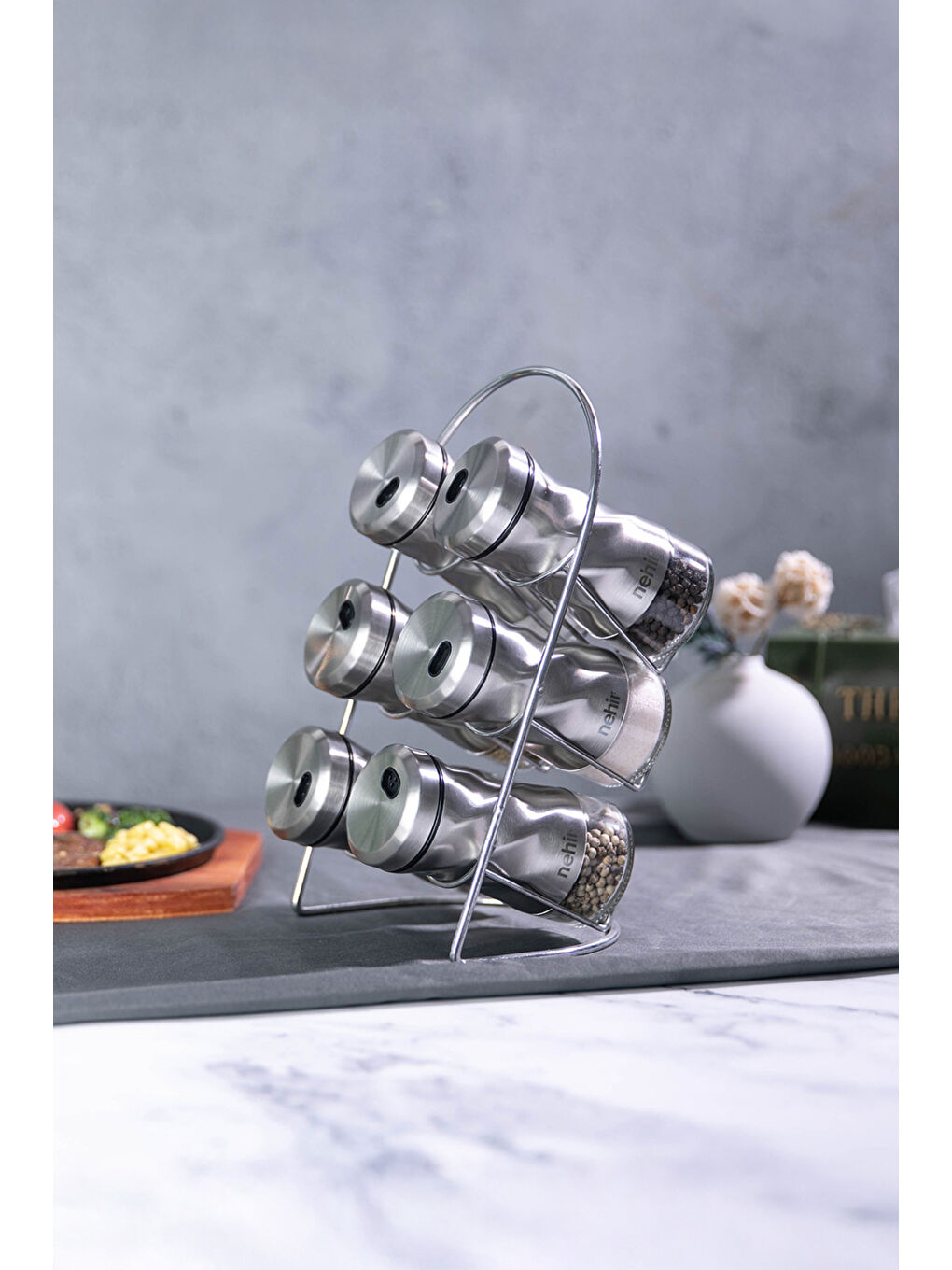 Gri Burgulu Standlı 6 Parça Paslanmaz Çelik Baharatlık Seti-1