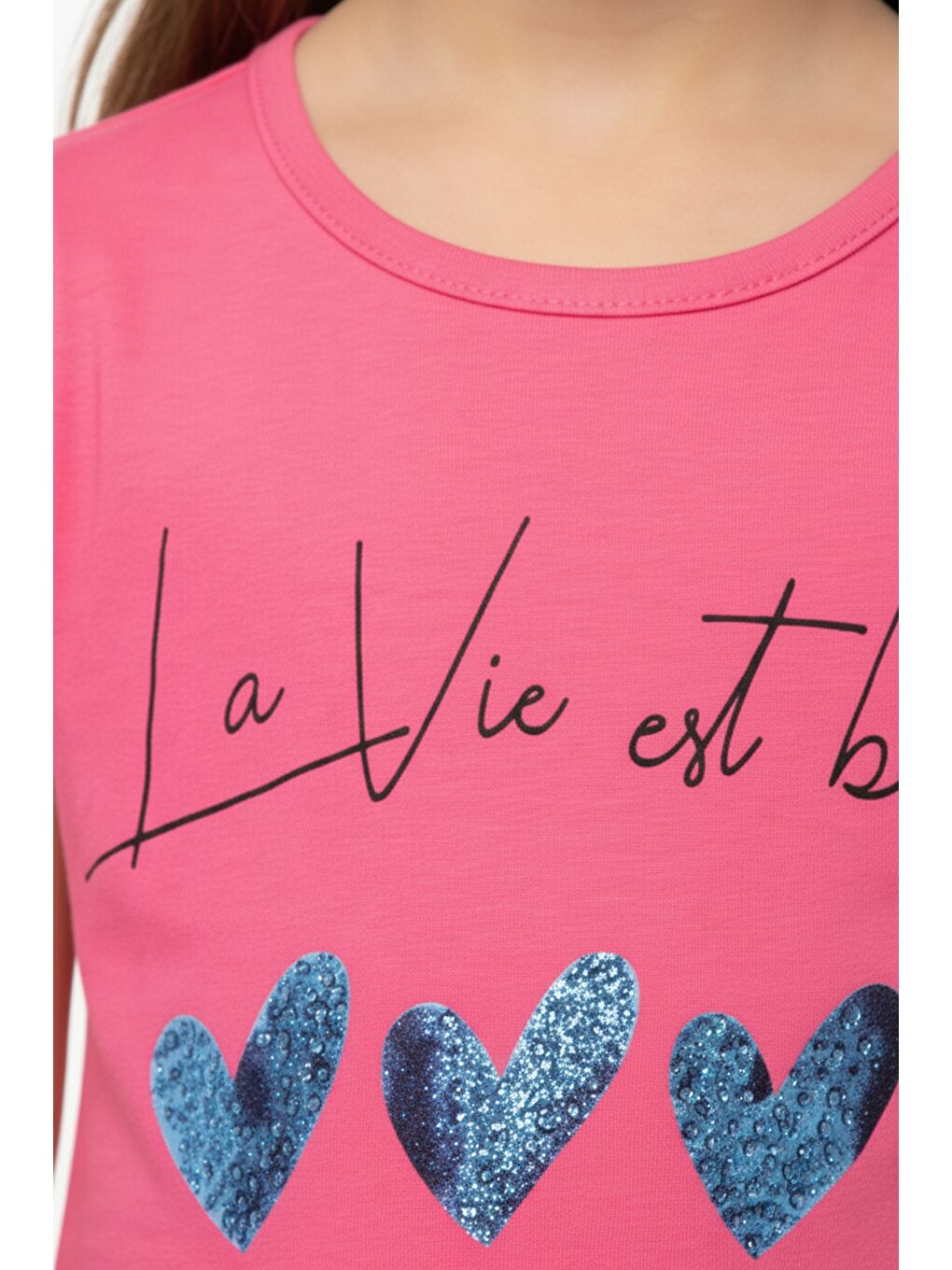 Fuşya Kız Çocuk Kalp Desenli Yazı Baskılı Taş İşlemeli Tişört-4