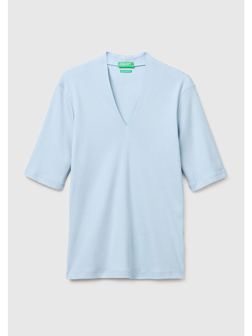 Kadın Açık Mavi %100 Pamuk Yarım Kollu Derin V Yaka T-Shirt