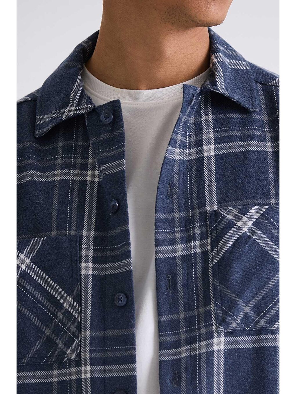 Lacivert Over Size Bol Kesim Ekose Desenli Pamuklu Cepli Oduncu Gömlek-2