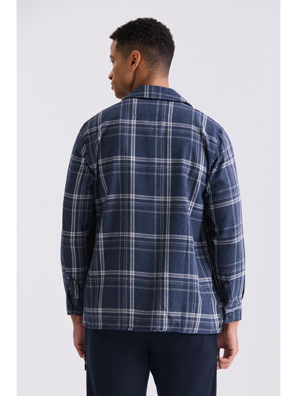 Lacivert Over Size Bol Kesim Ekose Desenli Pamuklu Cepli Oduncu Gömlek-3