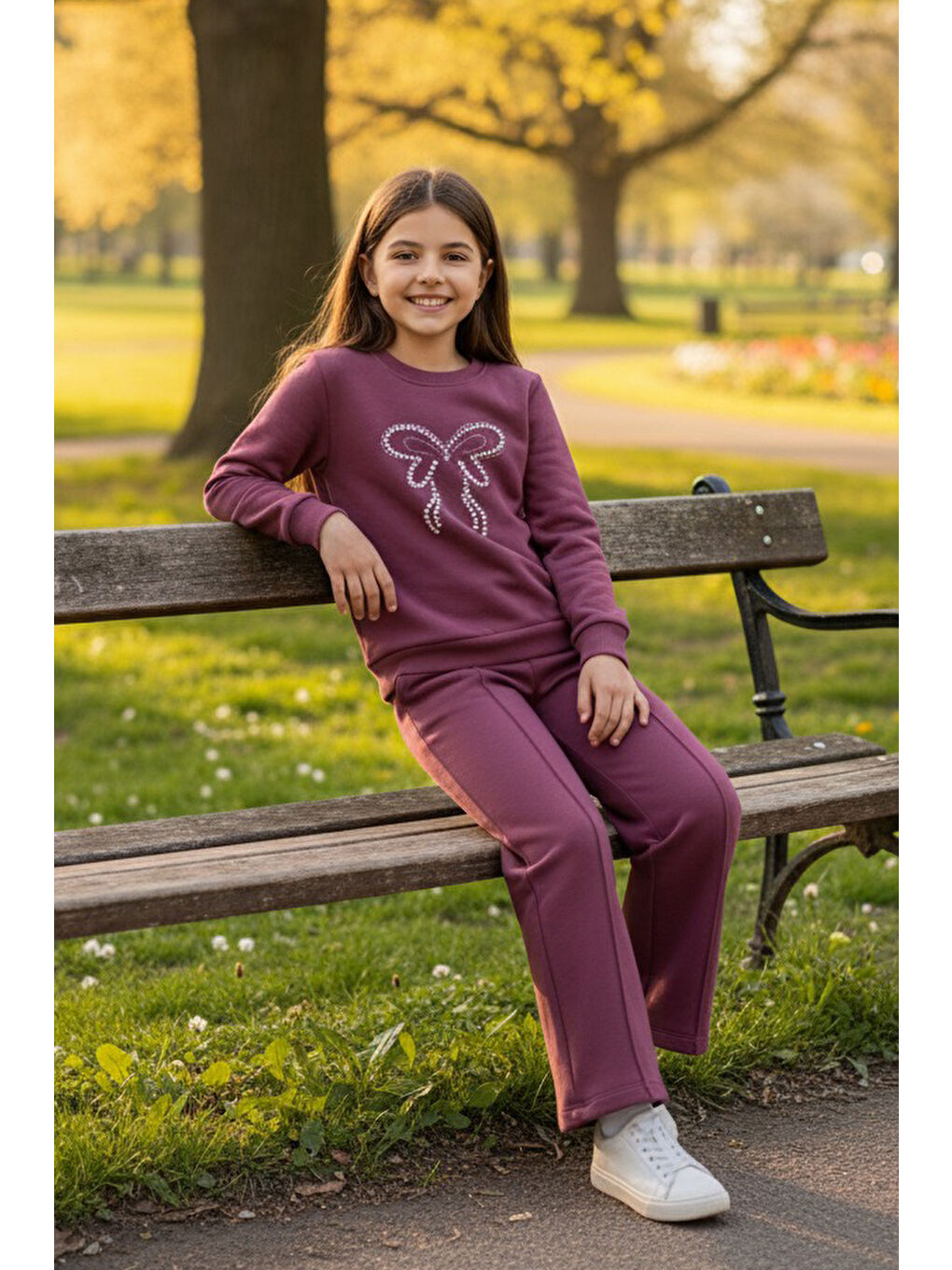 Kız Çocuk Mürdüm İnci Taş Detaylı Üç İplik Takım - 27957-MURDUM