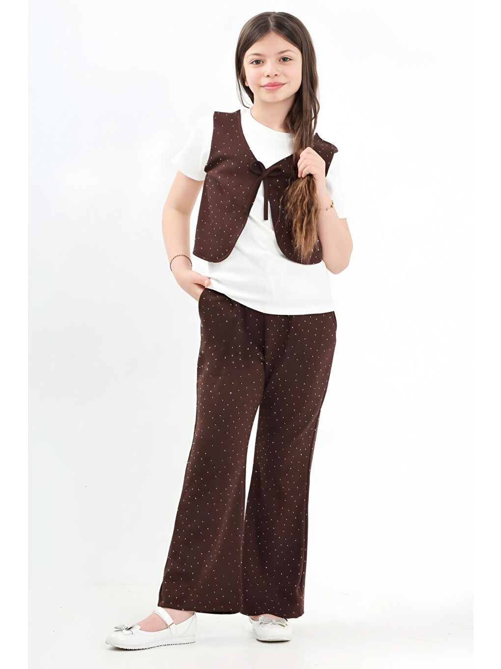 Kahverengi Kız Çocuk Taş Süslemeli ve Yelek Detaylı Alt -Üst Takım 7-12 Yaş 12572-2