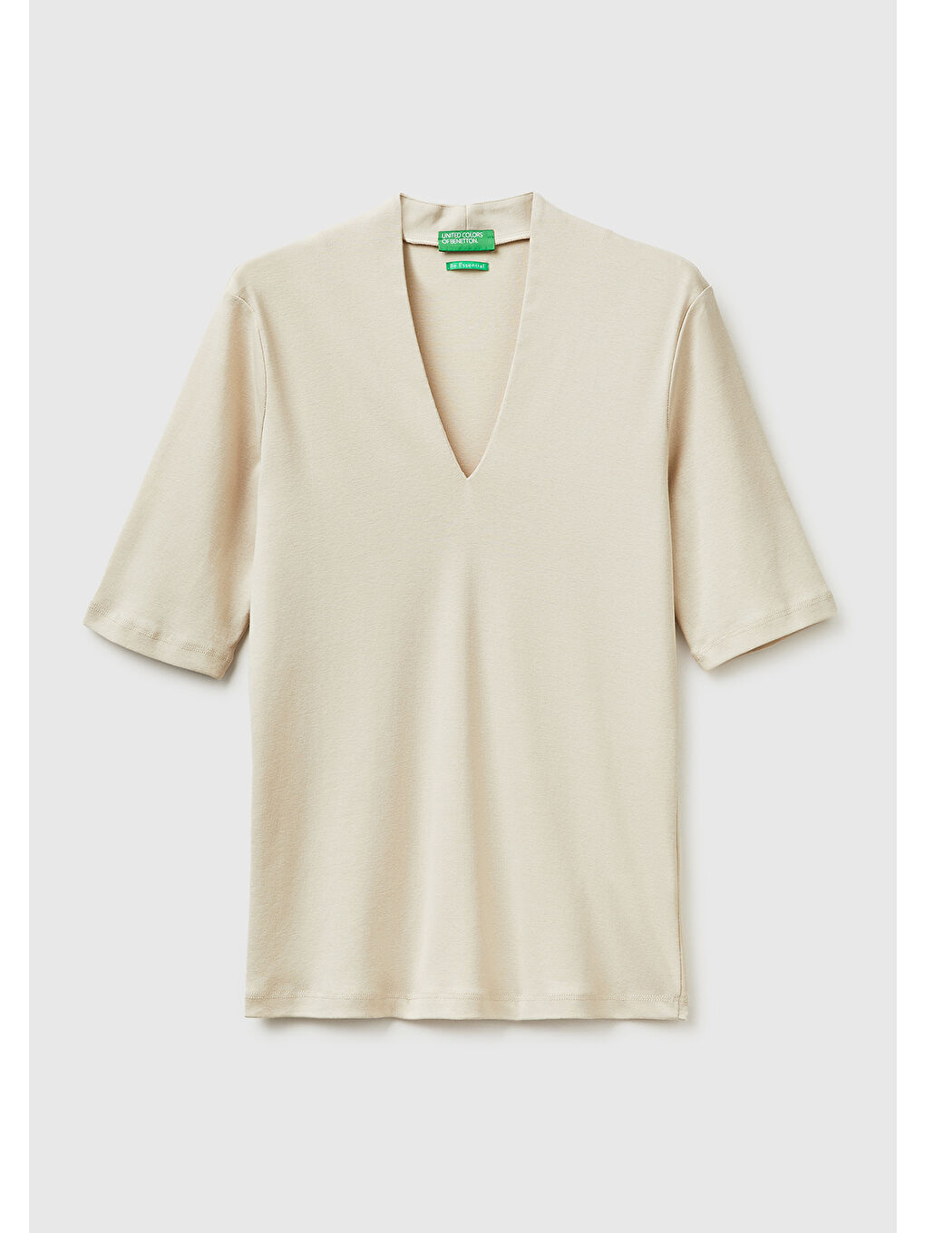 Bej Kadın Taş %100 Pamuk Yarım Kollu Derin V Yaka T-Shirt