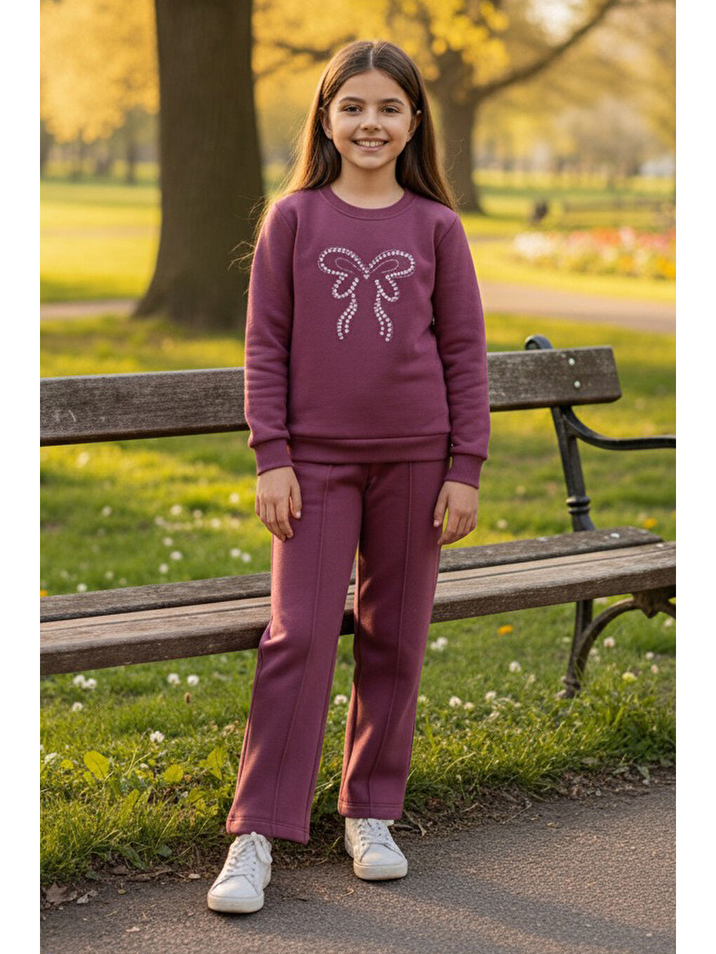 Kız Çocuk Mürdüm İnci Taş Detaylı Üç İplik Takım - 27957-MURDUM-1