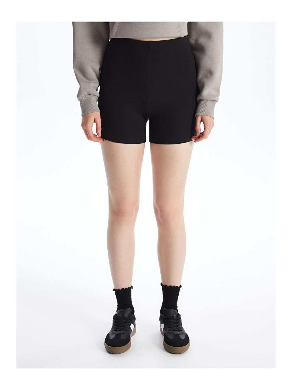 Siyah Yumuşak Dokulu Düz Yüksek Bel Kısa Tayt-2