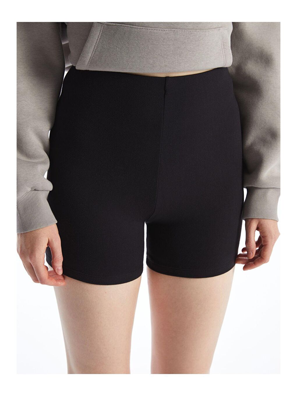 Siyah Yumuşak Dokulu Düz Yüksek Bel Kısa Tayt-3