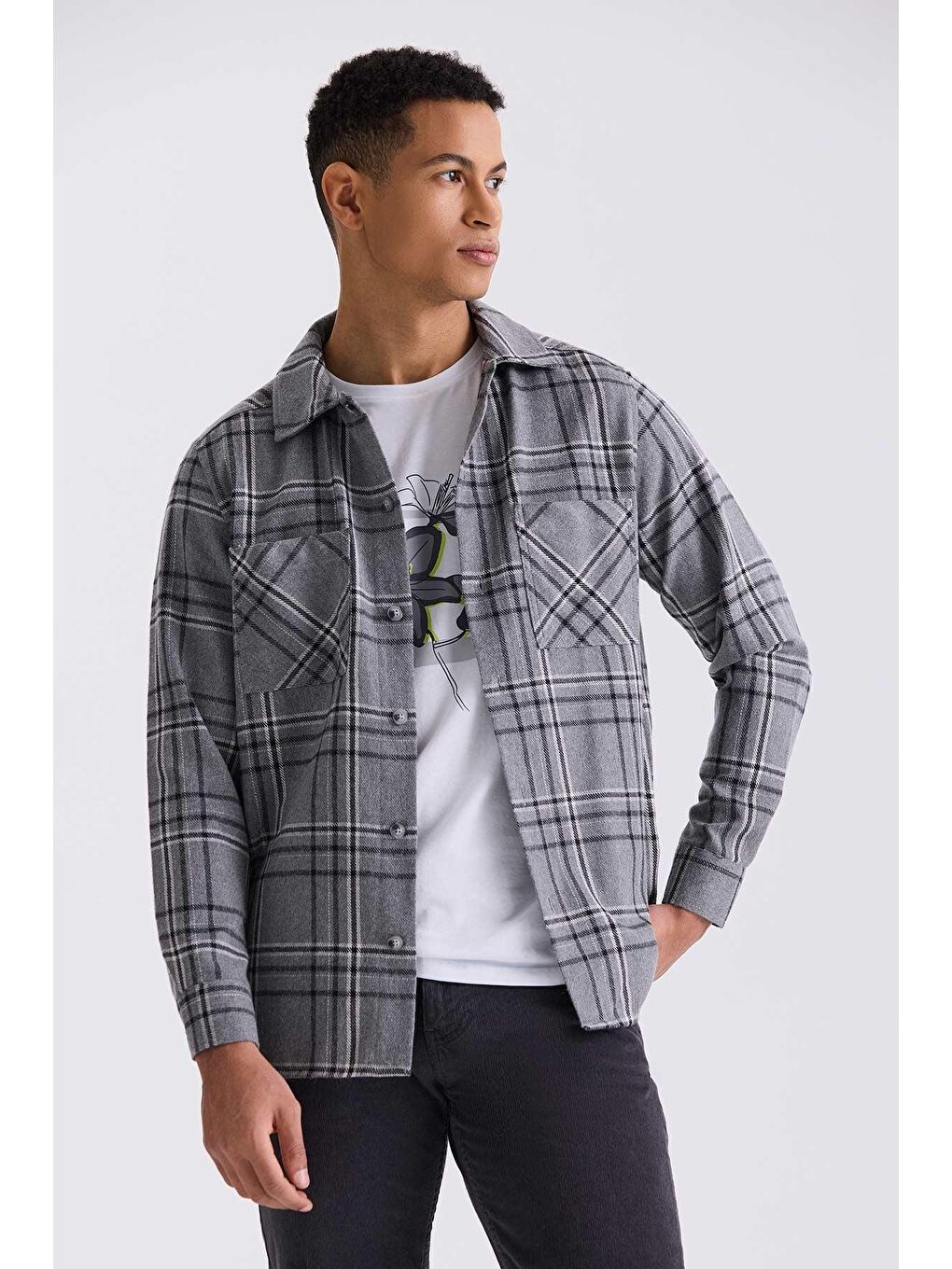 Antrasit Over Size Bol Kesim Ekose Desenli Pamuklu Cepli Oduncu Gömlek