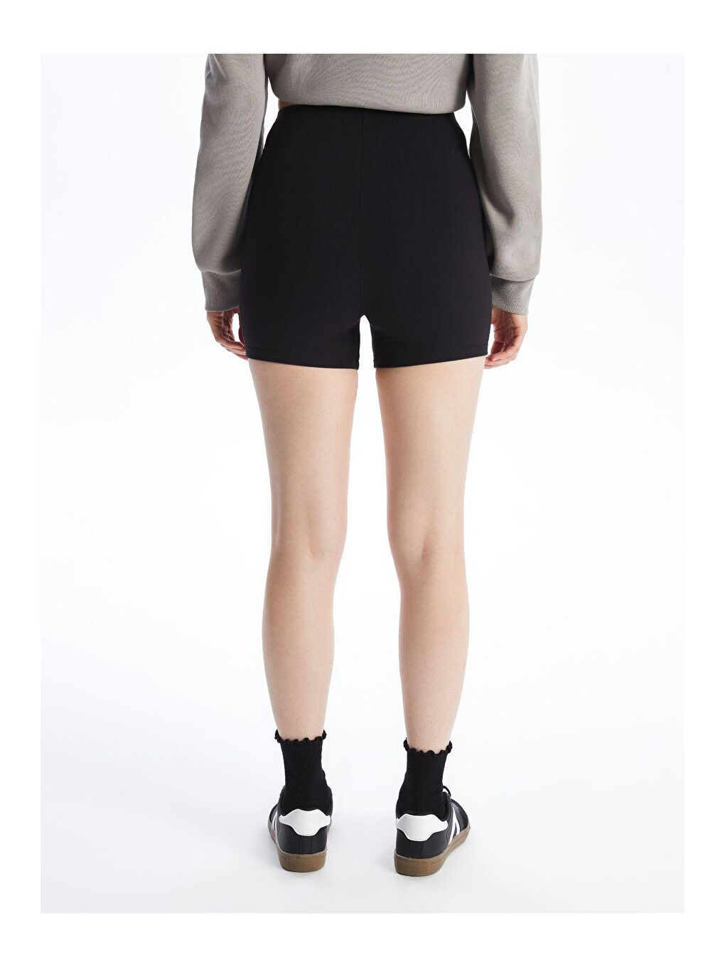 Siyah Yumuşak Dokulu Düz Yüksek Bel Kısa Tayt-4