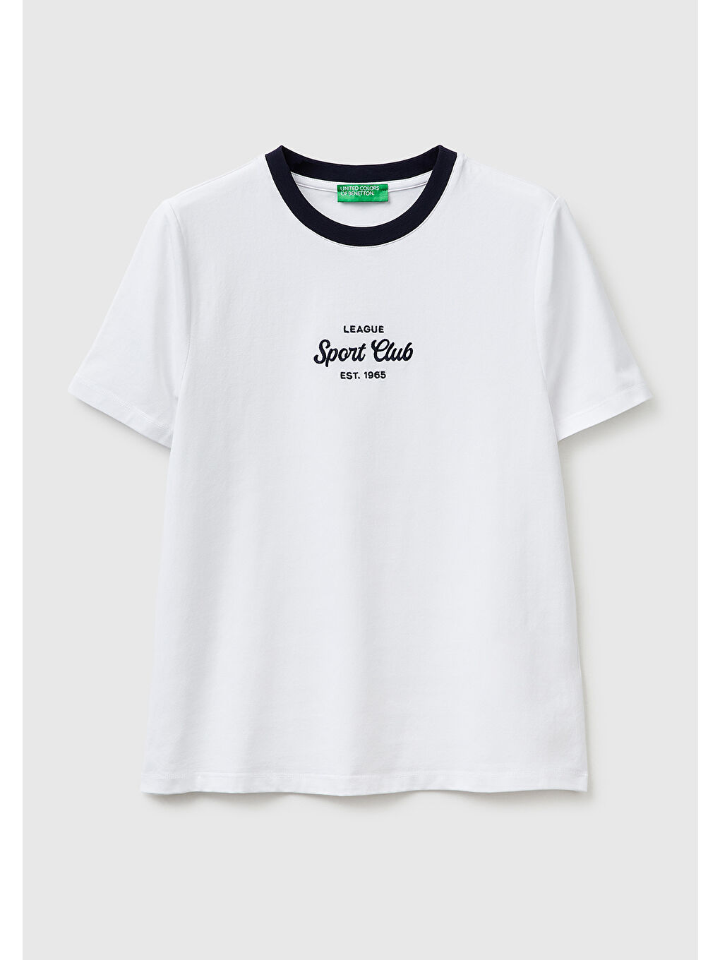 Kadın Beyaz Pamuk Karışımlı Önü İşlemeli Bisiklet Yaka T-Shirt-1