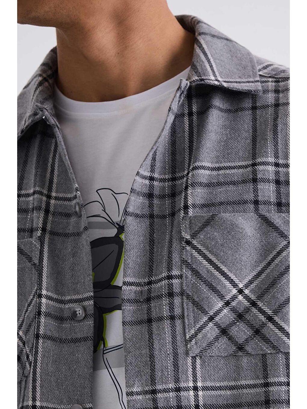 Antrasit Over Size Bol Kesim Ekose Desenli Pamuklu Cepli Oduncu Gömlek-2