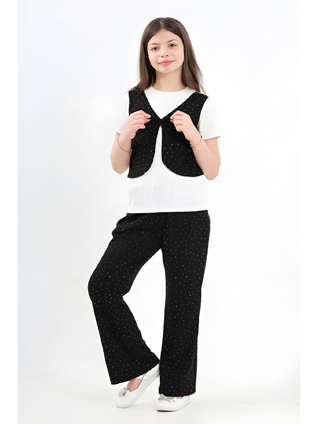 Siyah Kız Çocuk Taş Süslemeli ve Yelek Detaylı Alt -Üst Takım 7-12 Yaş 12572-2