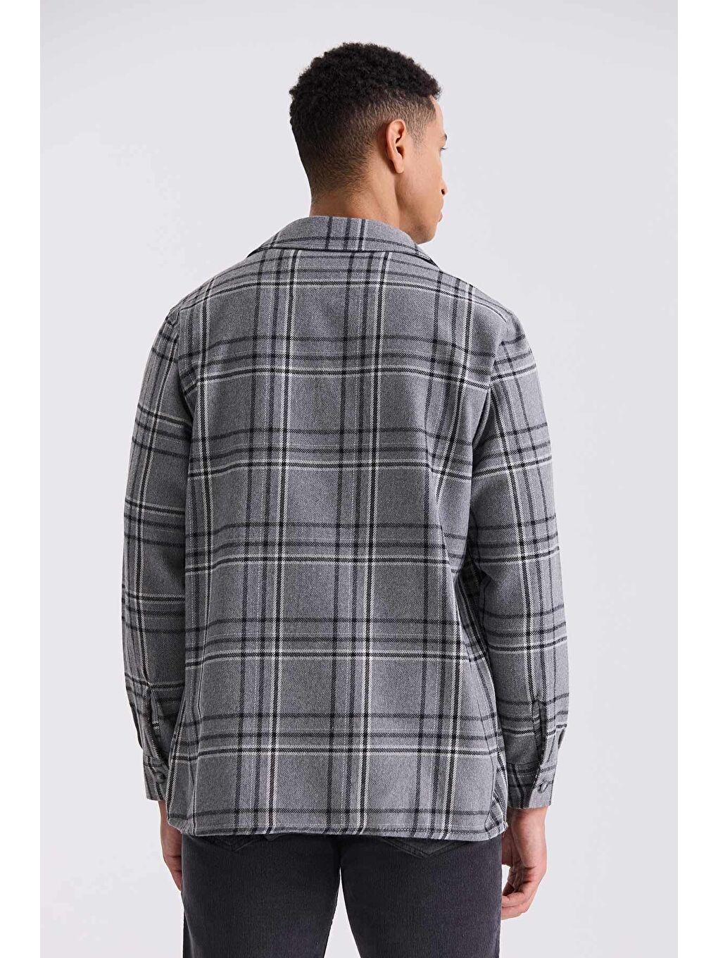 Antrasit Over Size Bol Kesim Ekose Desenli Pamuklu Cepli Oduncu Gömlek-3