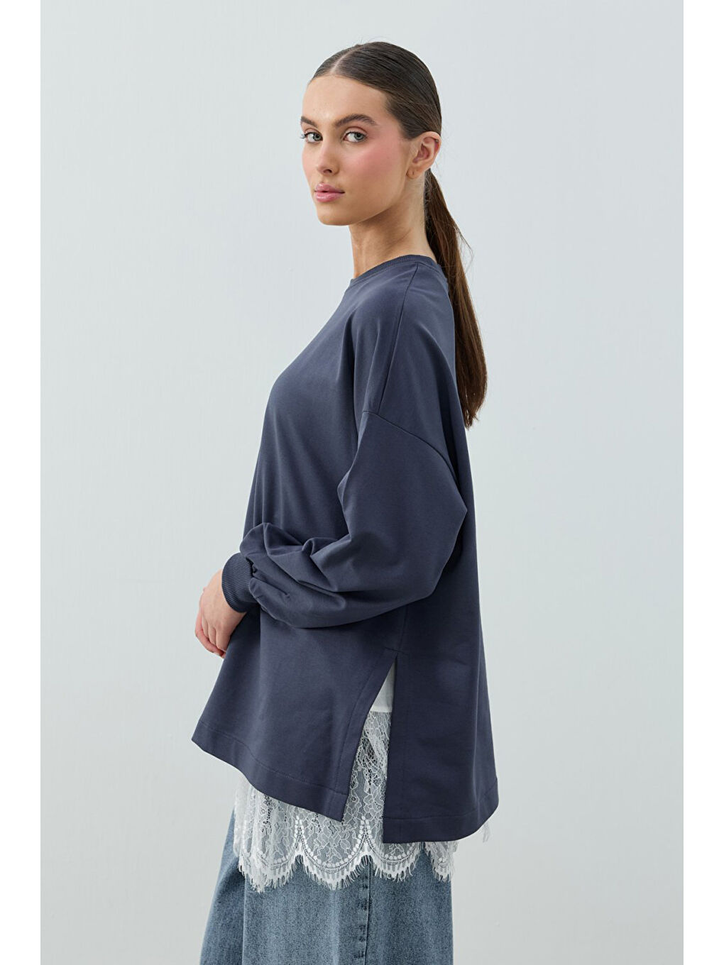 Dantel Detay Etek İçlikli Loly Sweat 1793 İndigo-2