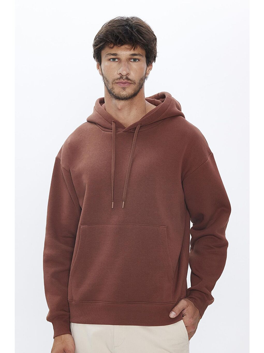 TUDORS Kahverengi Unisex Oversize Geniş Kesim Pamuklu Yumuşak Dokulu İçi Polarlı Basic Kahverengi Kapüşonlu Sweatshirt - 1