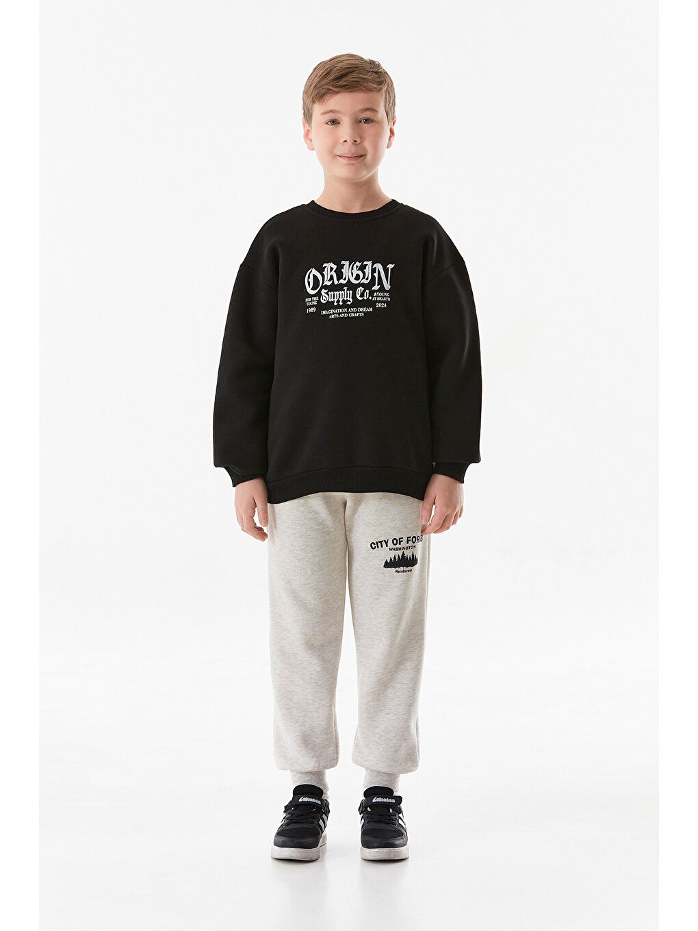 Bej 3 İplik Beli Bağlamalı Baskılı Jogger Erkek Çocuk Eşofman Altı