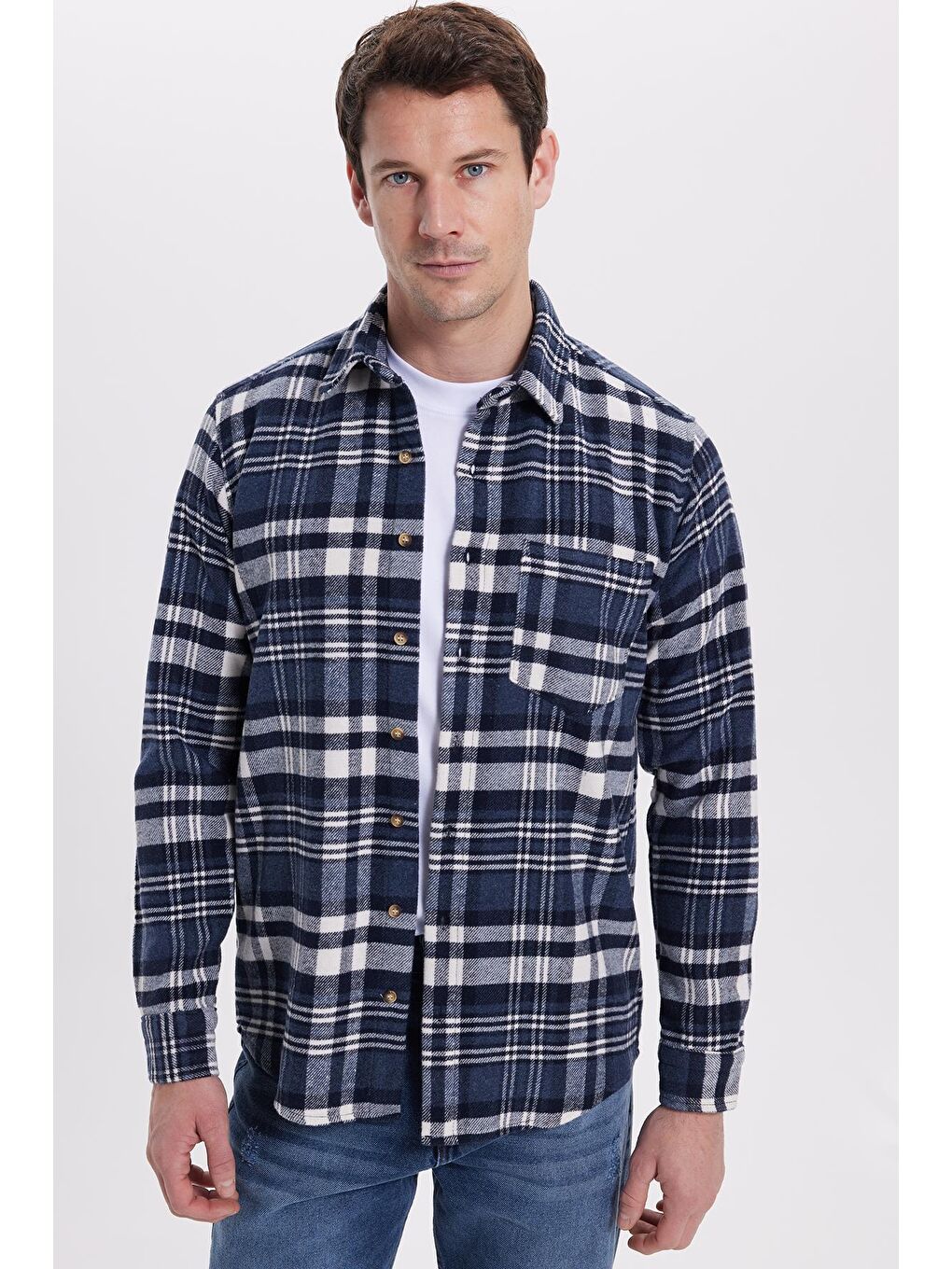 Lacivert Erkek Regular Fit Rahat Kesim Kışlık Kareli Oduncu Gömlek