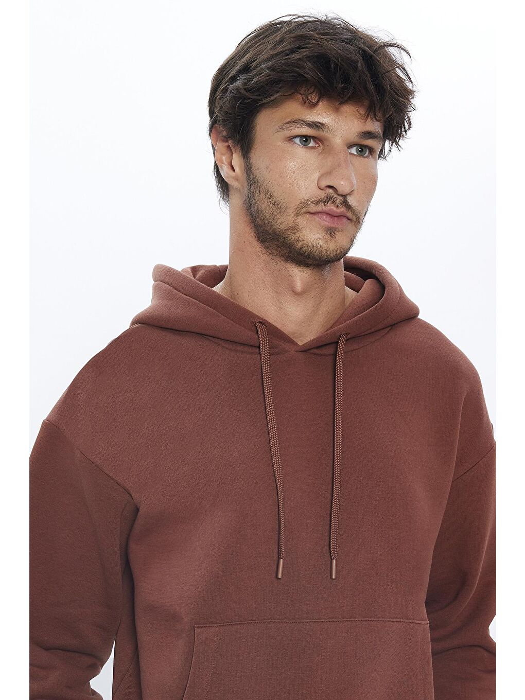 TUDORS Kahverengi Unisex Oversize Geniş Kesim Pamuklu Yumuşak Dokulu İçi Polarlı Basic Kahverengi Kapüşonlu Sweatshirt - 2