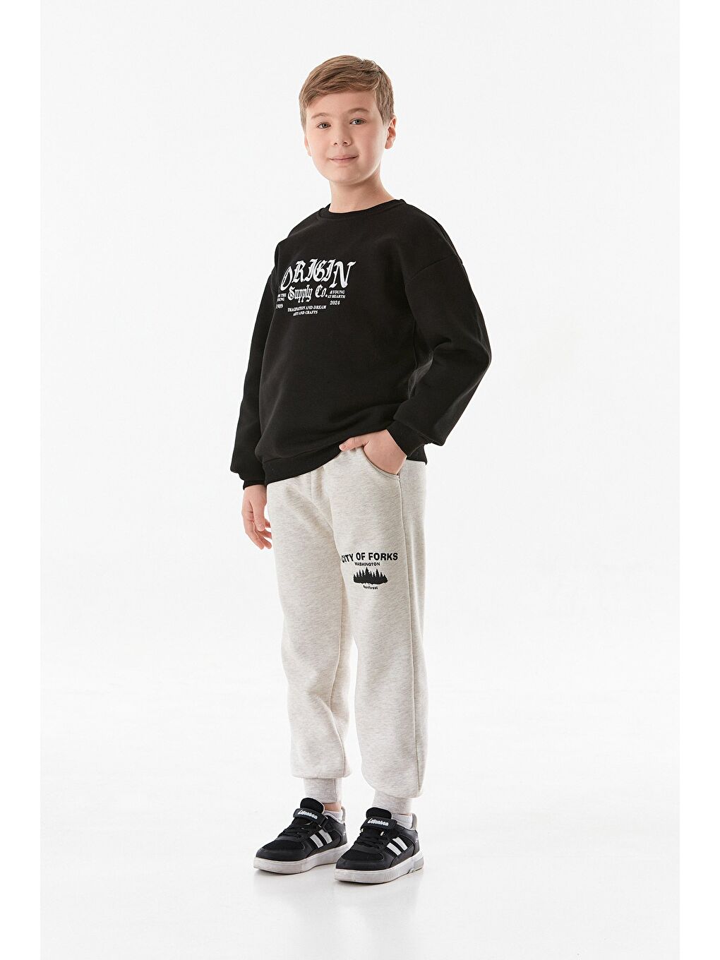 Bej 3 İplik Beli Bağlamalı Baskılı Jogger Erkek Çocuk Eşofman Altı-1