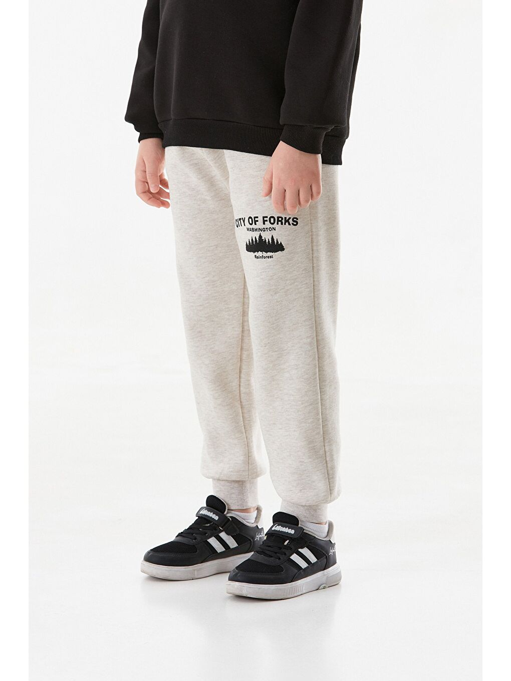 Bej 3 İplik Beli Bağlamalı Baskılı Jogger Erkek Çocuk Eşofman Altı-3