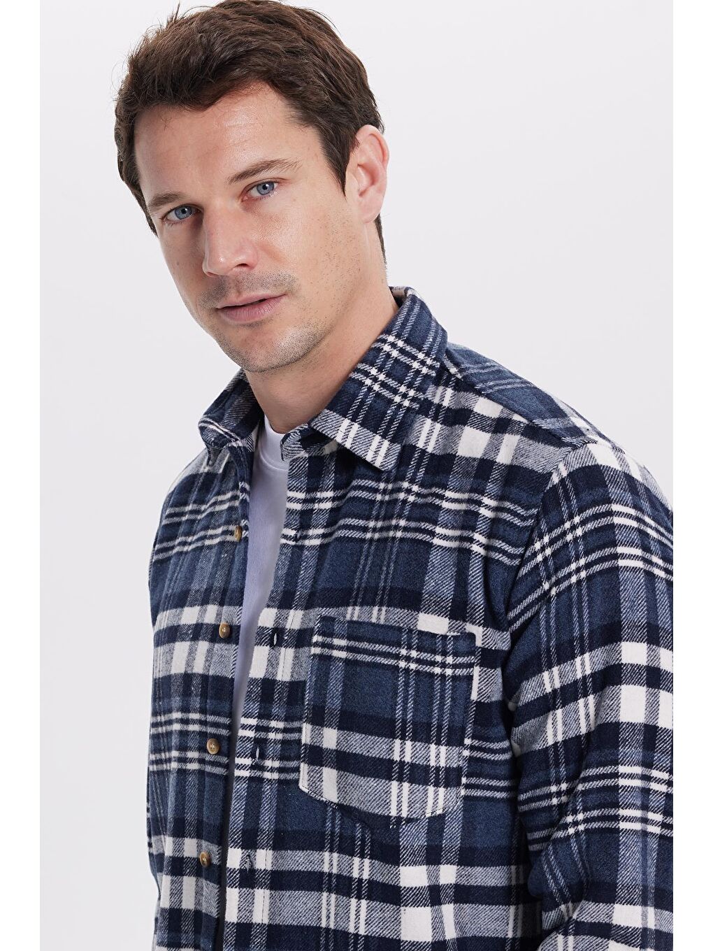 Lacivert Erkek Regular Fit Rahat Kesim Kışlık Kareli Oduncu Gömlek-1