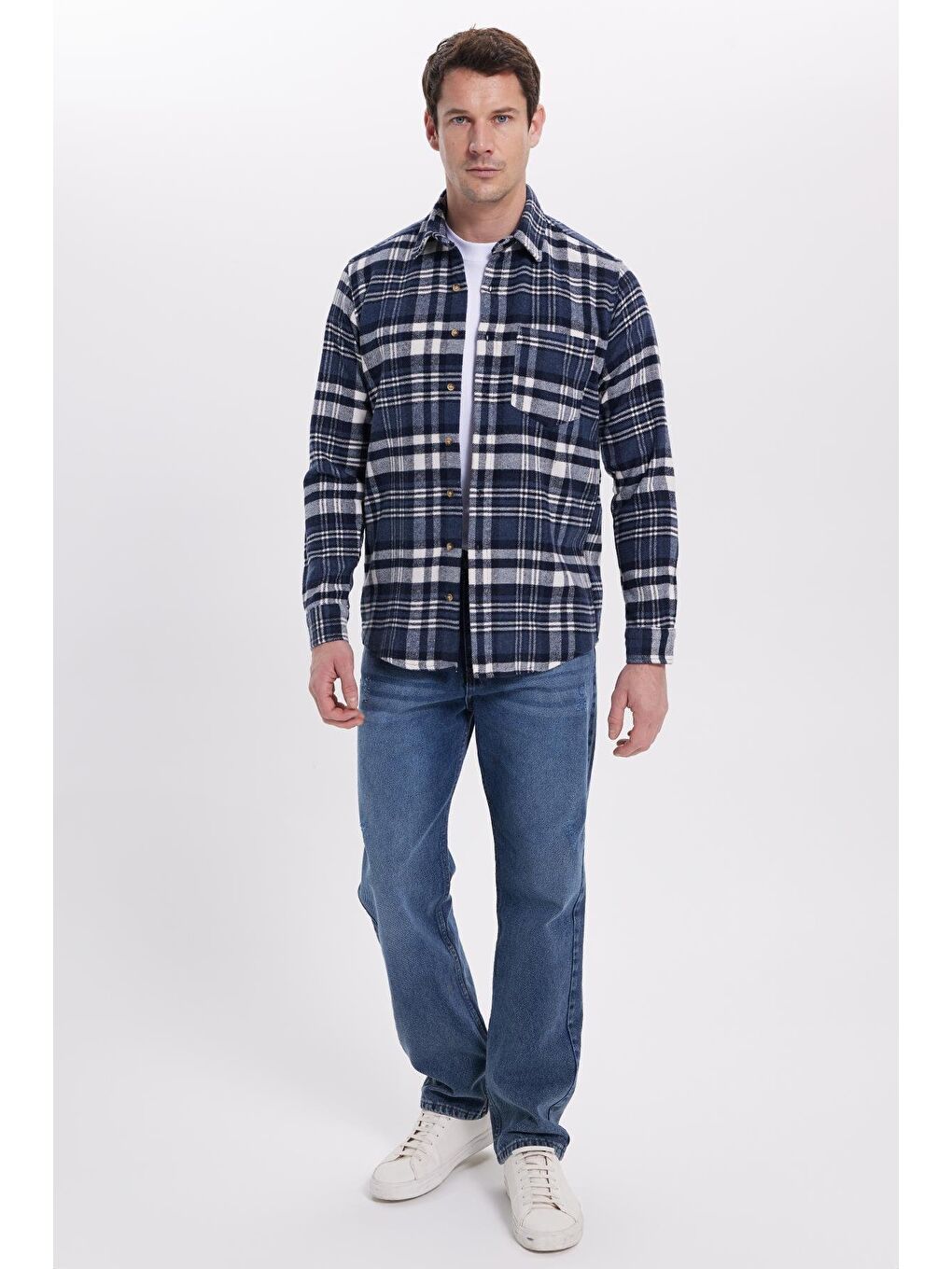 Lacivert Erkek Regular Fit Rahat Kesim Kışlık Kareli Oduncu Gömlek-3