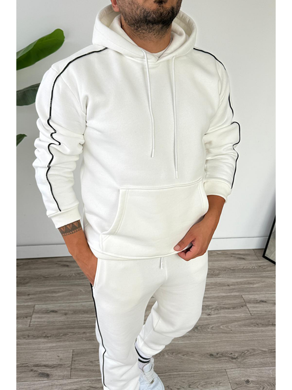 Erkek Kapüşonlu Kanguru Cepli Biyeli %100 Pamuk Alt Üst Takım Beyaz-1