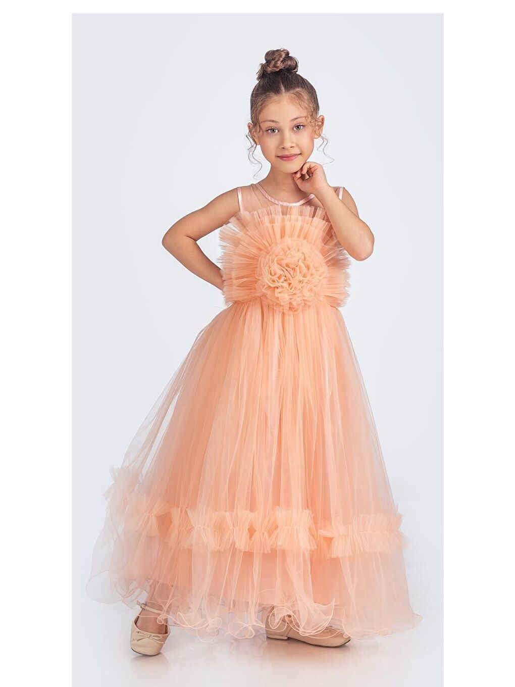 Pembe Uzun Etekli , Askılı Kız Cocuk Gül Motif Abiye Elbise M00670