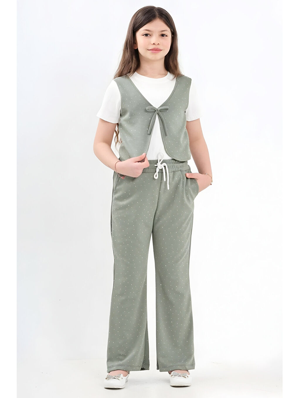 Yeşil Kız Çocuk Taş Süslemeli ve Yelek Detaylı Alt -Üst Takım 7-12 Yaş 12572