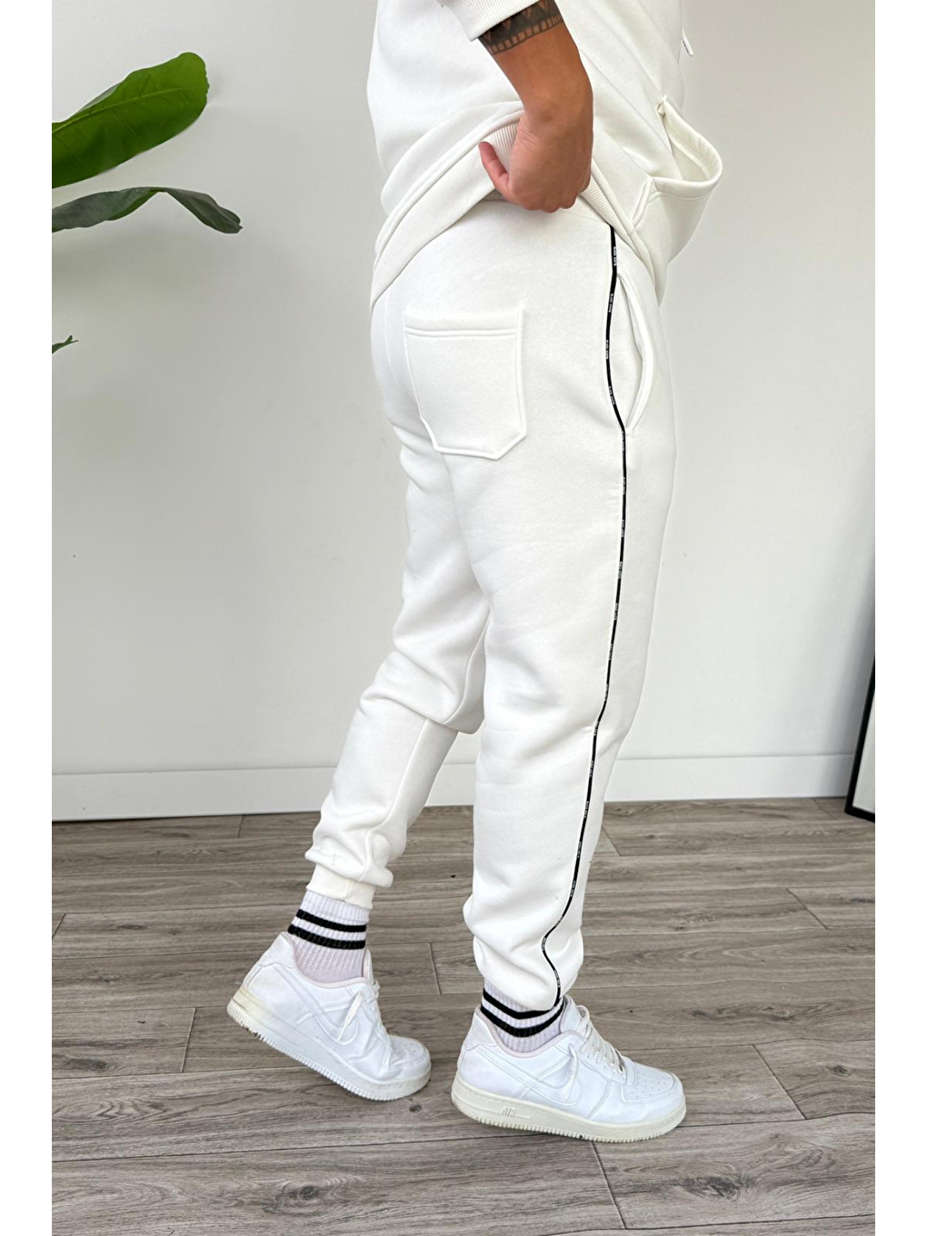 Erkek Kapüşonlu Kanguru Cepli Biyeli %100 Pamuk Alt Üst Takım Beyaz-3