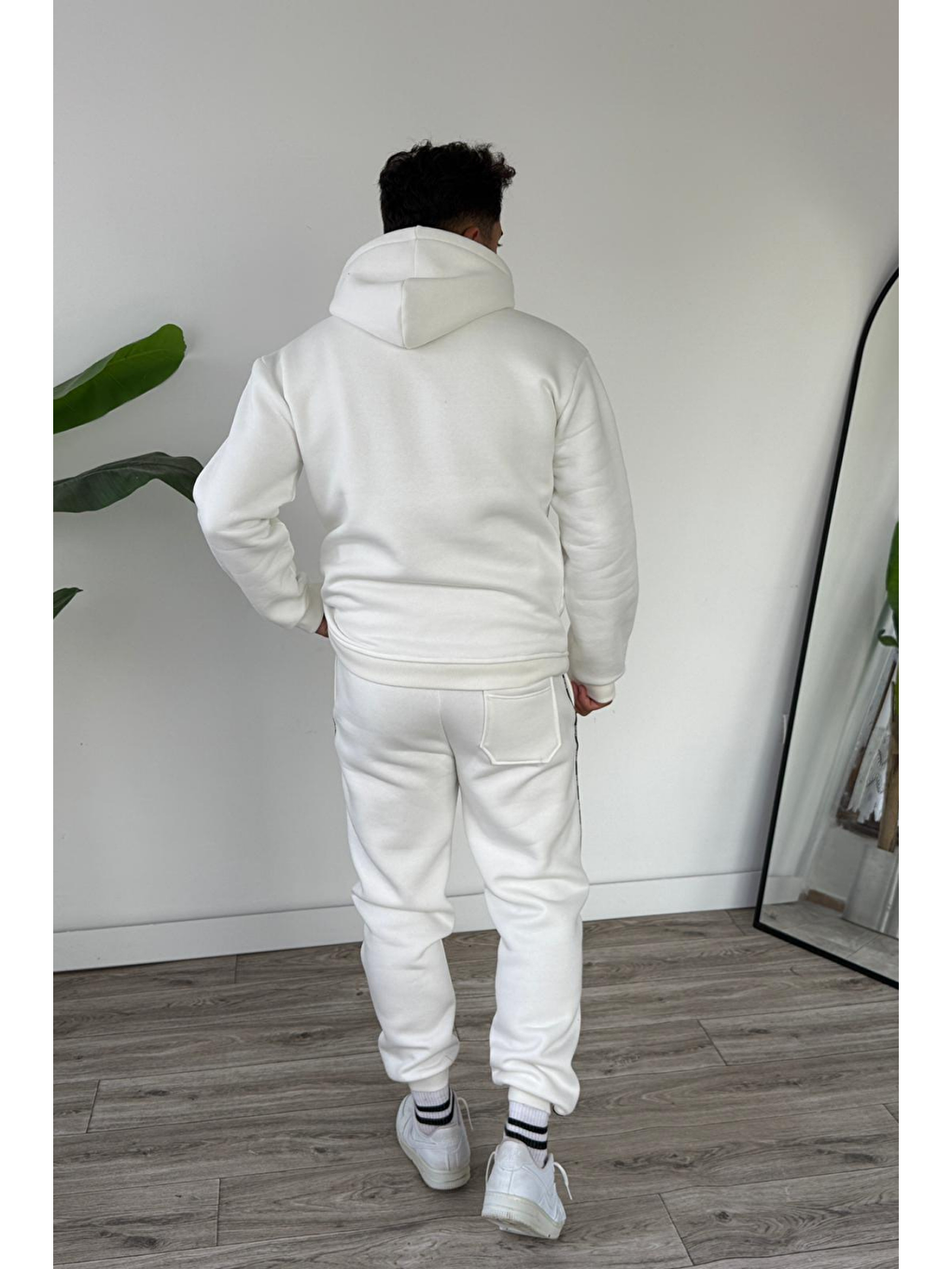 Erkek Kapüşonlu Kanguru Cepli Biyeli %100 Pamuk Alt Üst Takım Beyaz-4