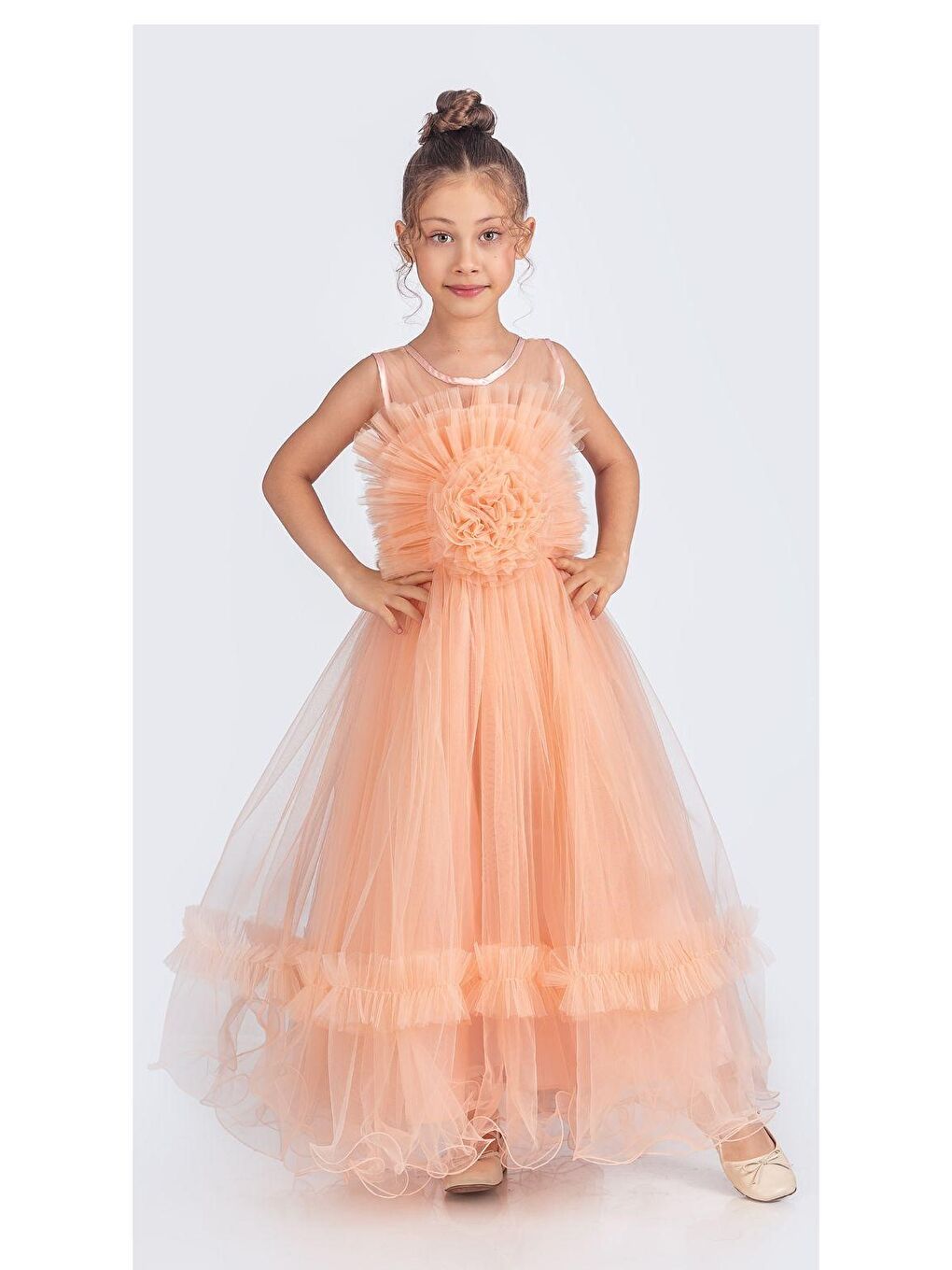 Pembe Uzun Etekli , Askılı Kız Cocuk Gül Motif Abiye Elbise M00670-8