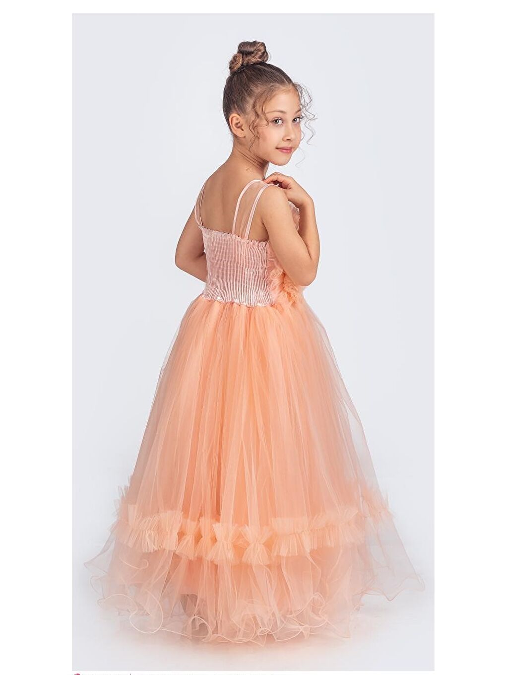 Pembe Uzun Etekli , Askılı Kız Cocuk Gül Motif Abiye Elbise M00670-9