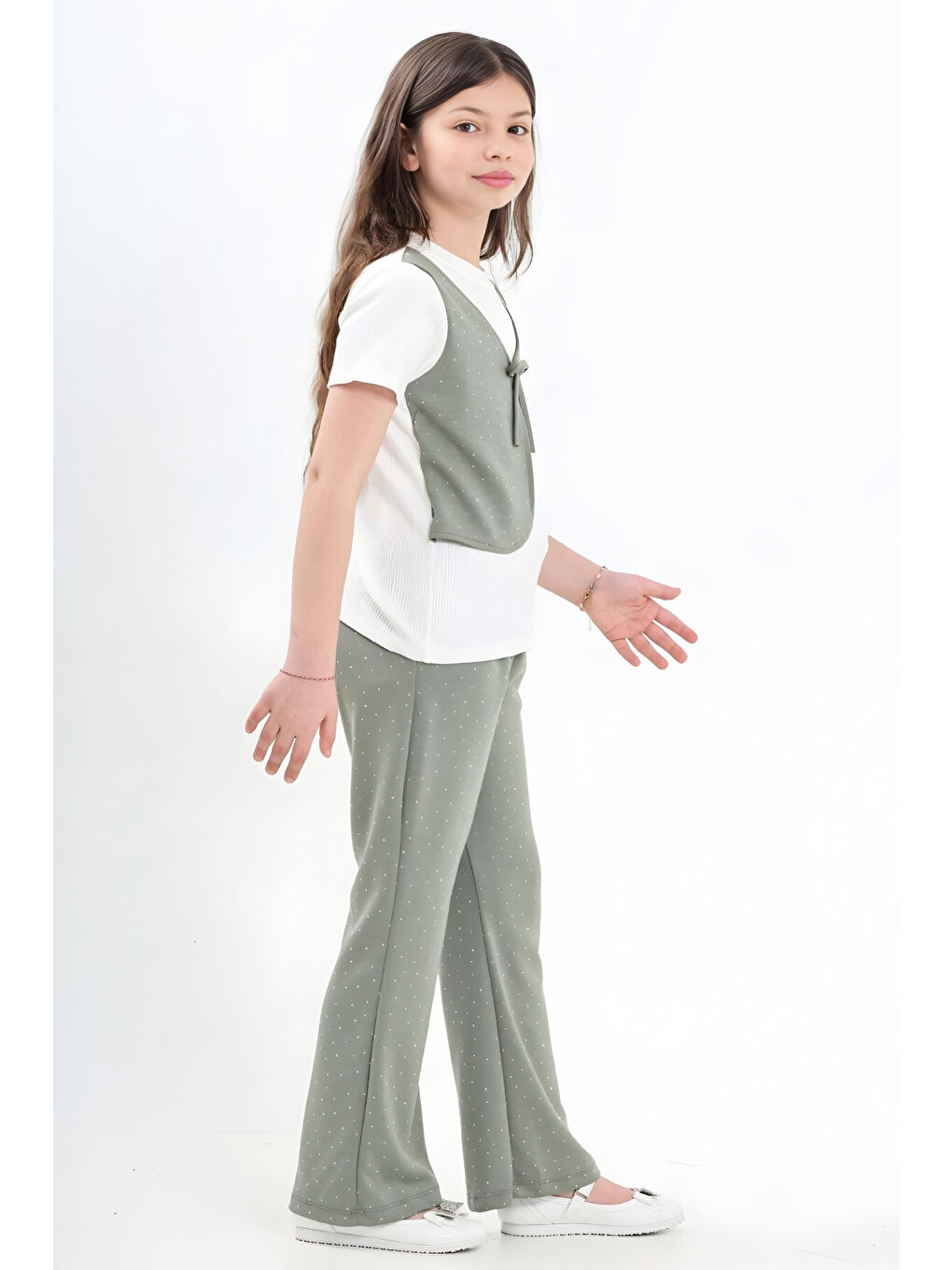 Yeşil Kız Çocuk Taş Süslemeli ve Yelek Detaylı Alt -Üst Takım 7-12 Yaş 12572-1