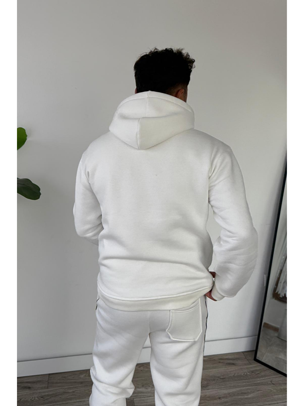 Erkek Kapüşonlu Kanguru Cepli Biyeli %100 Pamuk Alt Üst Takım Beyaz-5