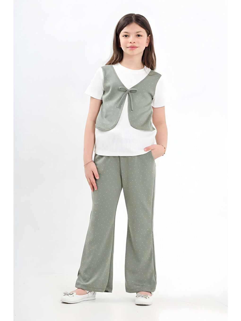 Yeşil Kız Çocuk Taş Süslemeli ve Yelek Detaylı Alt -Üst Takım 7-12 Yaş 12572-2