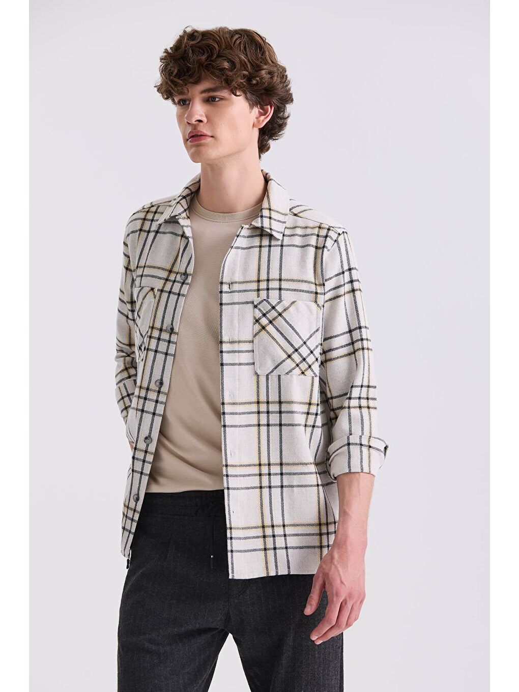 Bej Taş Over Size Bol Kesim Ekose Desenli Pamuklu Cepli Oduncu Gömlek