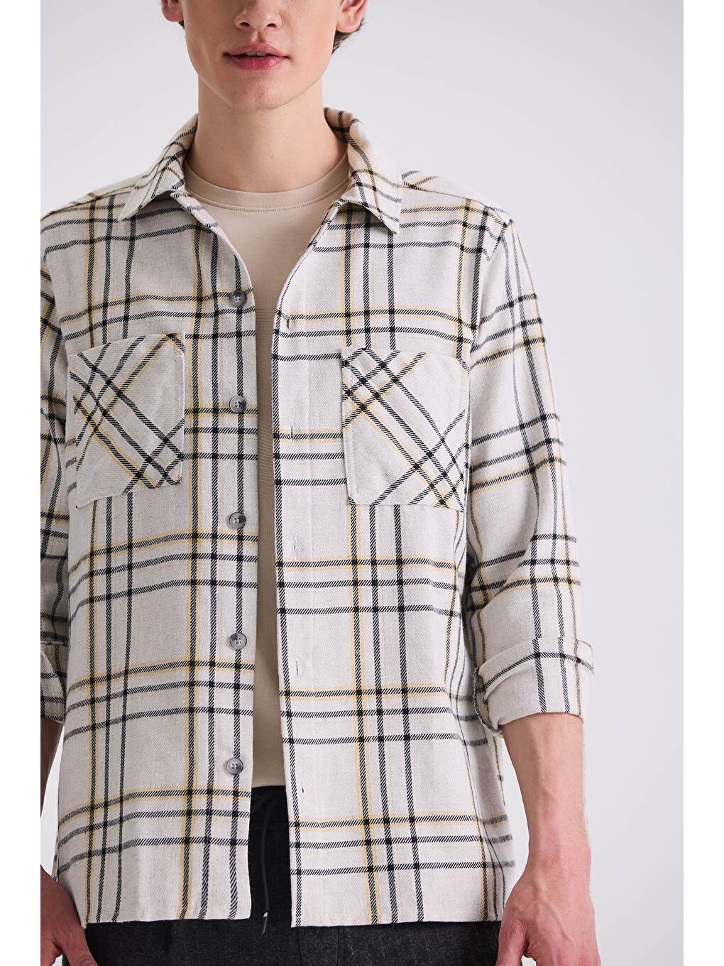 Bej Taş Over Size Bol Kesim Ekose Desenli Pamuklu Cepli Oduncu Gömlek-2