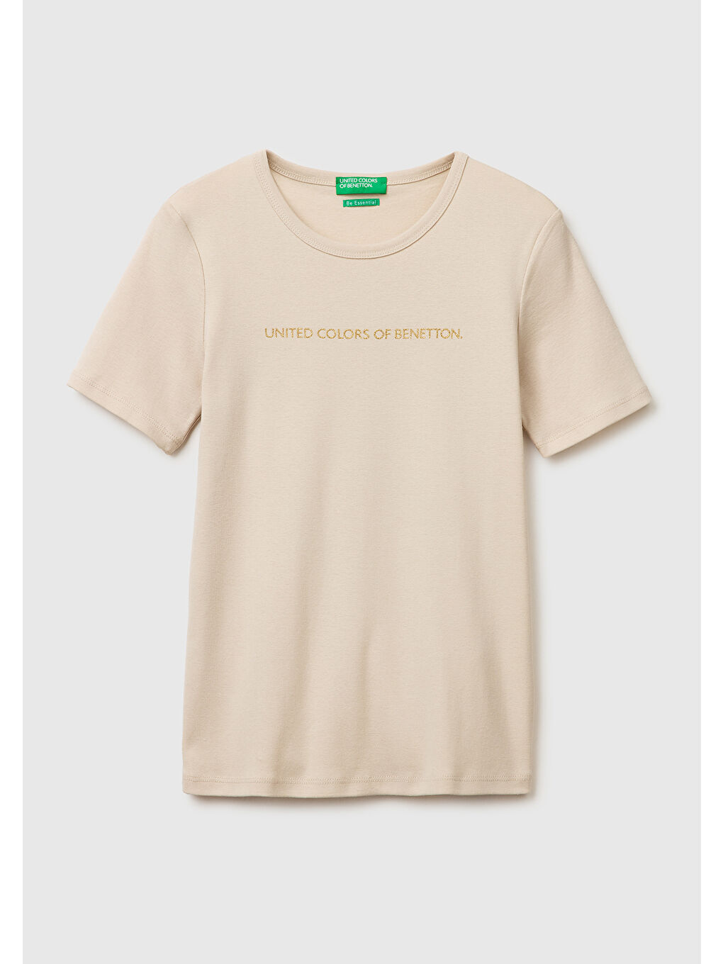 Bej Kadın Taş %100 Pamuk Logo Baskılı Bisiklet Yaka T-Shirt