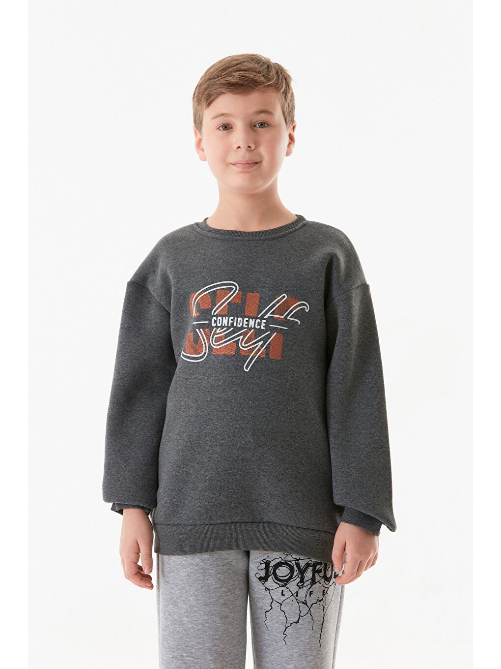 Antrasit 3 İplik Yazı Baskılı Bisiklet Yaka Erkek Çocuk Sweatshirt