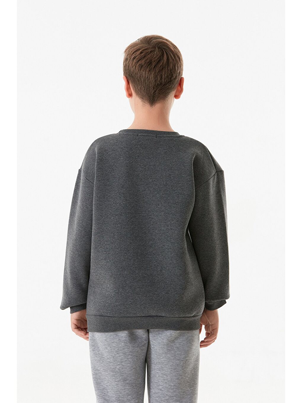 Antrasit 3 İplik Yazı Baskılı Bisiklet Yaka Erkek Çocuk Sweatshirt-3