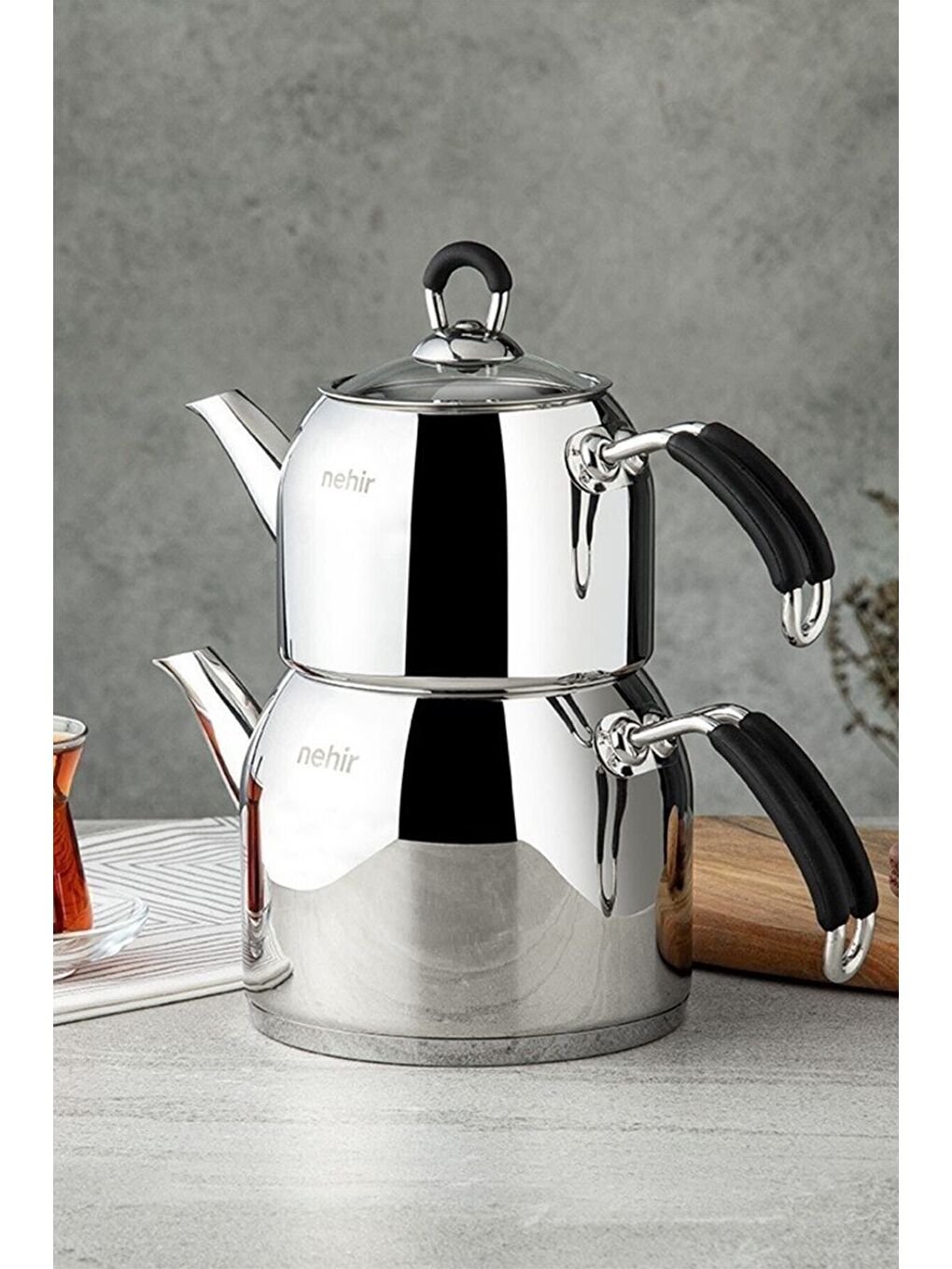 Gri Modern Midi Orta Boy 1-2 Lt. Paslanmaz Çelik Çaydanlık Takımı-2