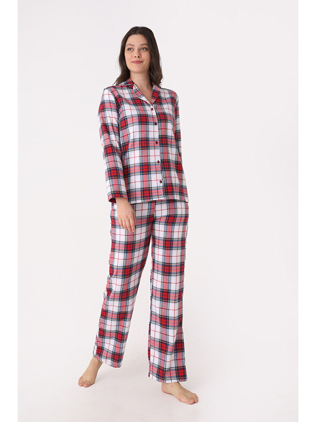 Kırmızı Önden Düğmeli Ekose Pijama Takımı-1