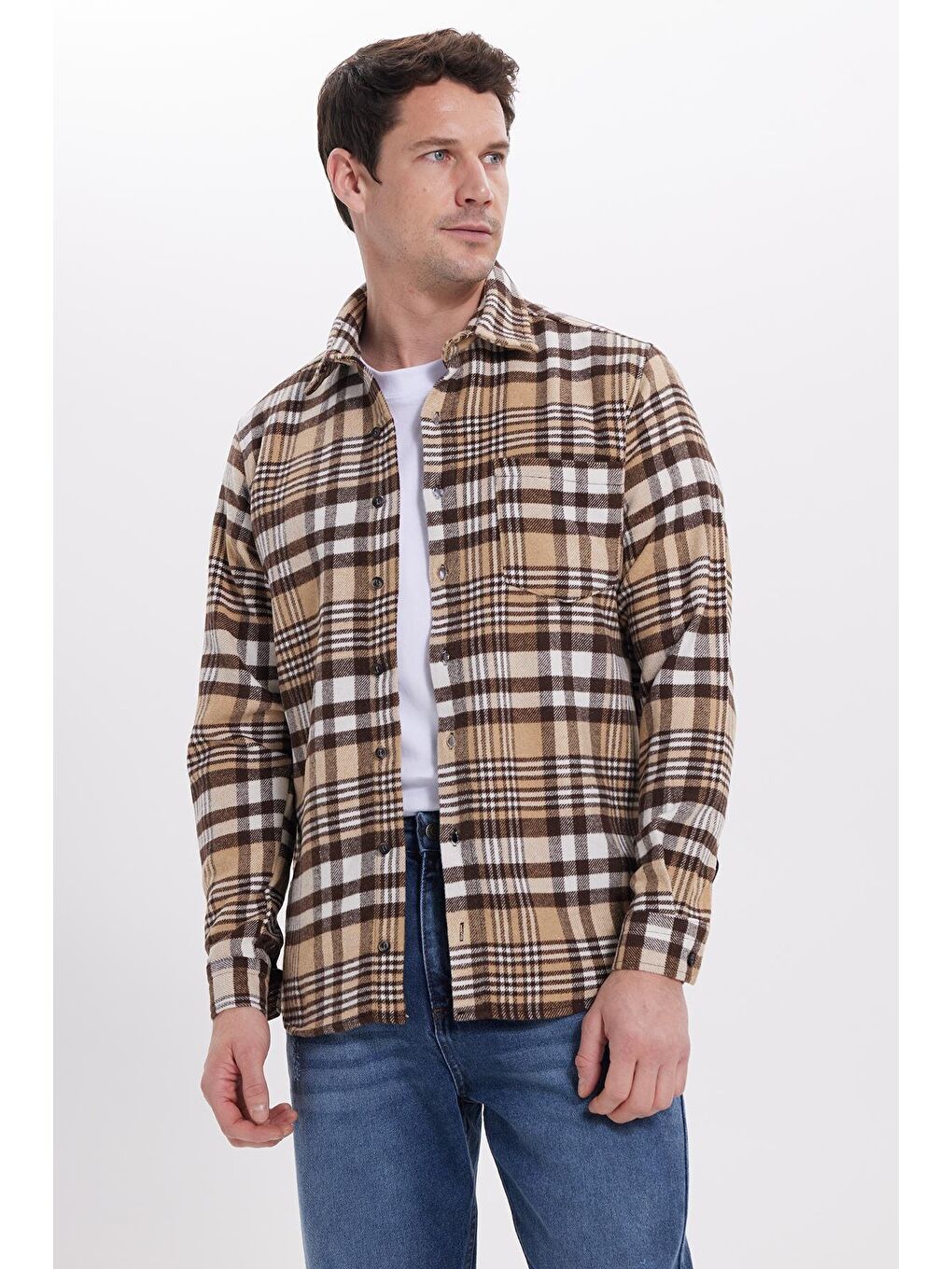 Kahverengi Erkek Regular Fit Rahat Kesim Kışlık Kareli Oduncu Gömlek
